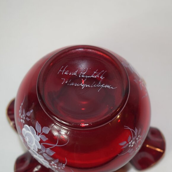 Vintage Fenton Ruby Red Hand Painted 3 inch Ruffle Vase Signed Marilyn - Picture 5 of 5